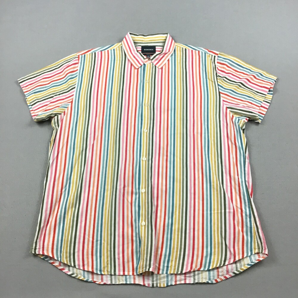 Bonobos Shirt Men 2XL Long Pink Green Stripe Standard Fit Short Sleeve Button Up